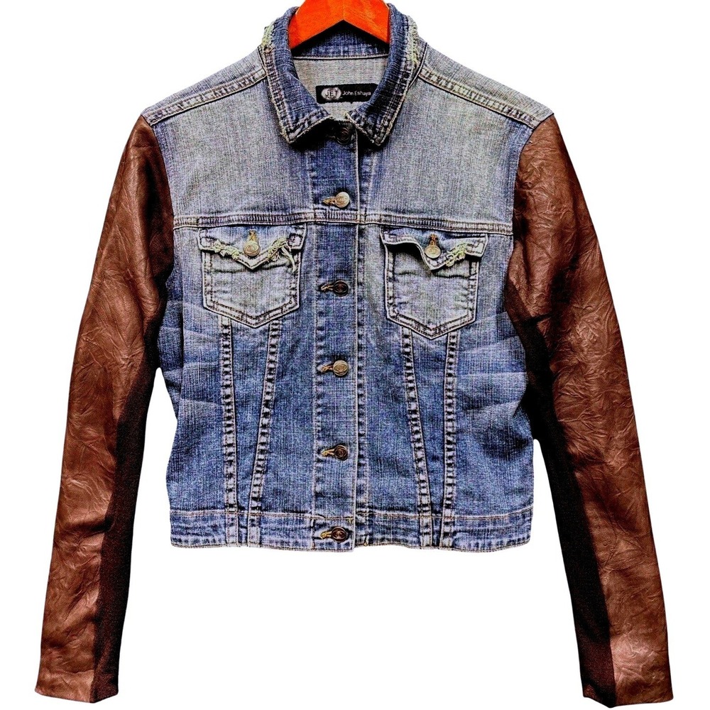 JET John Eshaya Denim Jacket Brown Leather Sleeves Mixed Media Blue Trucker P/S